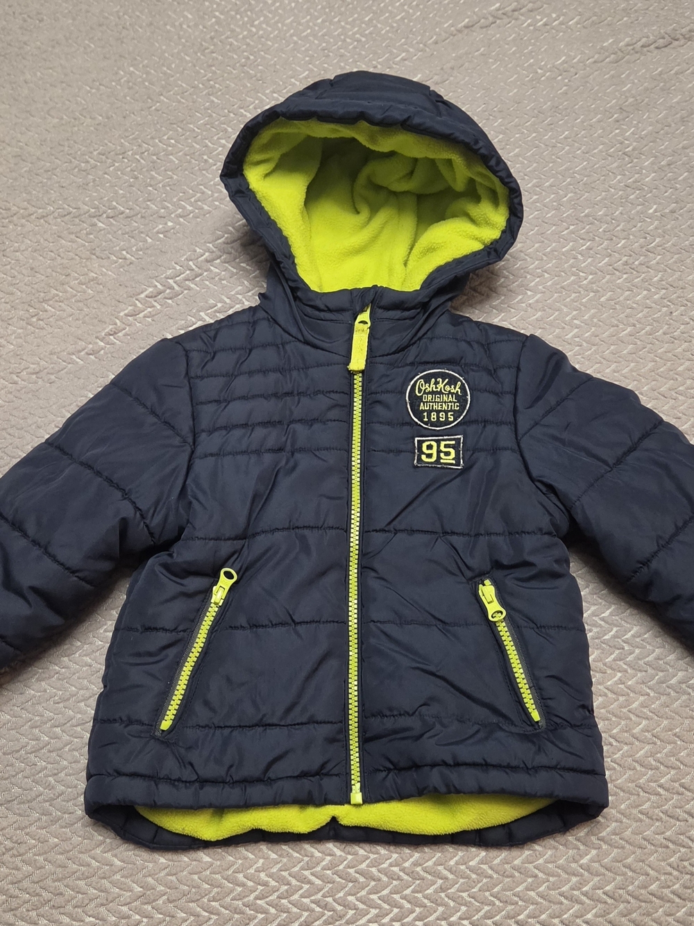 OshKosh B'gosh Navy Hooded Puffer Jacket with Lime Accents